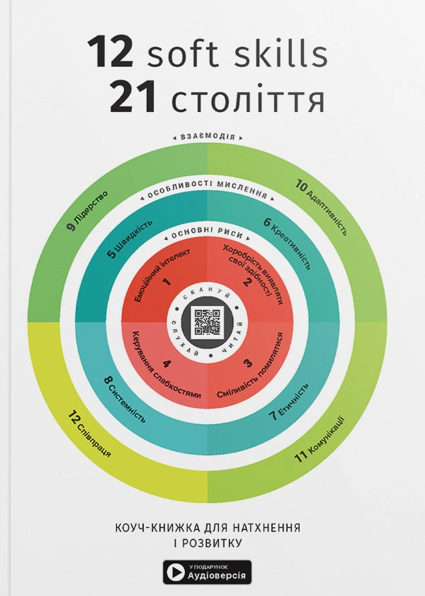 Обкладинка 12 soft skills 21 століття. Коуч-книжка для натхнення і розвитку. Збірник самарі українською мовою